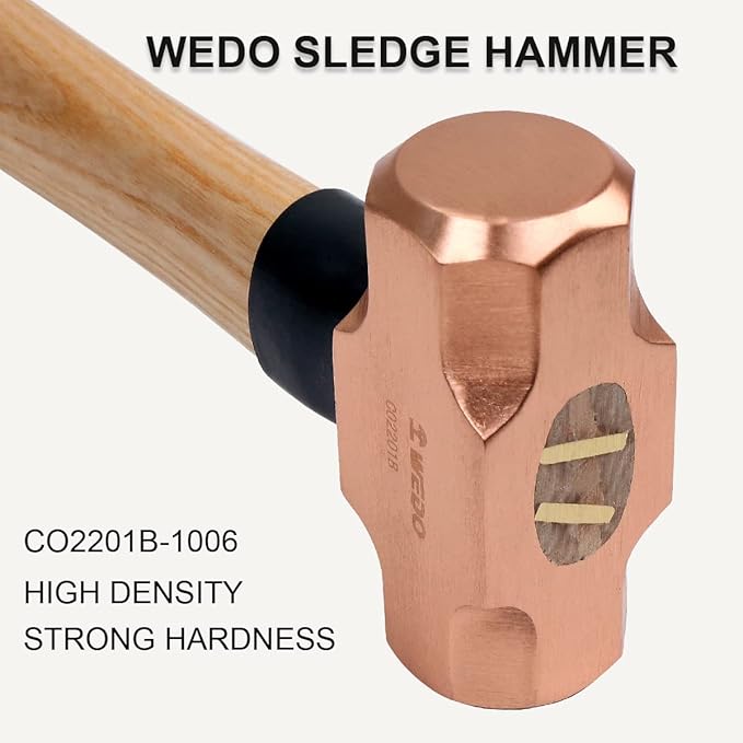 WEDO Copper Hammer Set 5PCS Sledge Hammer (3lb) Drum Type Hammer (1-1/2lb) Ball Peen Hammer (1lb&2lb) Scaling Hammer (300g), Long Straight Wooden Handle, Copper Head