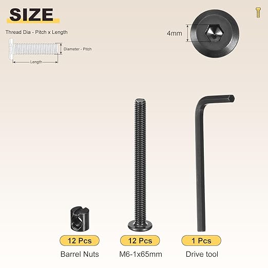 METALLIXITY Furniture Crib Screws Replacement Set with Wrench(M6-1x65mm) 24Pcs, Galvanization Connector Bolts M6 Screw Barrel Nuts Binding, for Chair Cabinet Bed, Black