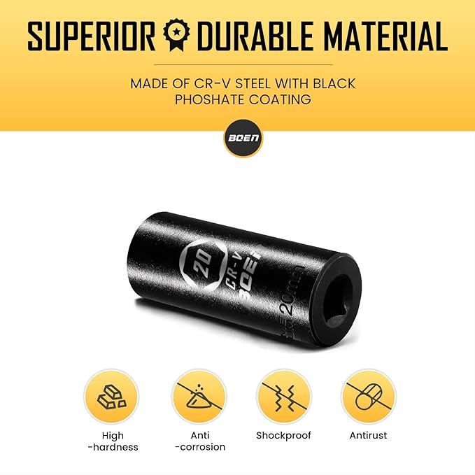 BOEN 1/2" Drive Deep Impact Sockets, Premium Impact Socket, 20mm Socket, Metric, 6 Point, Cr-V Steel with Laser Marking - Strong and Durable