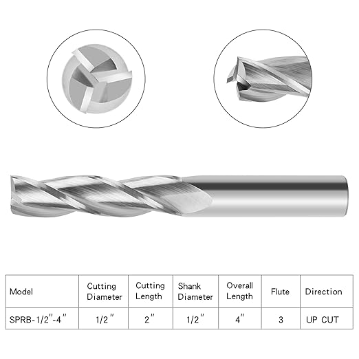 Upcut Spiral Router Bit 3-Flute with 1/2” Shank, Extra Long (4 inch), 1/2” Cutting Diameter, 2” Cutting Length, Carbide CNC Router Bits End Mill for Wood Mortises Carving Engraving