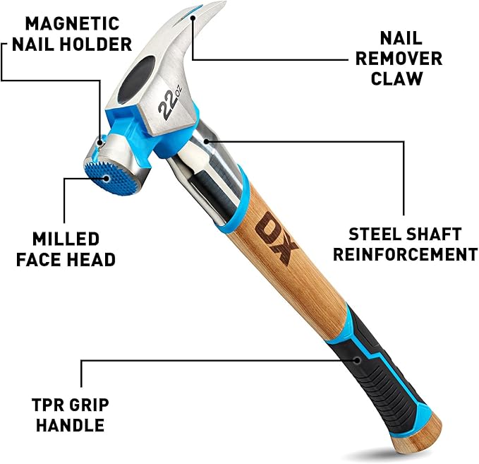 OX Tools Pro 22oz Curved Hickory Handle Hammer with TPR Grip and Steel Shaft Hickory Framer - Magnetic Nail Starter Curved Axe Handle Milled Face Straight Claw Hammer OX-P088422
