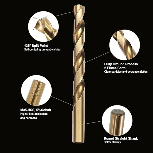 15Pcs Cobalt Drill Bit Set (1/16??3/8??, M35 HSS, 135 Degree Tip, Twist Jobber Length for Hardened Metal, Stainless Steel, Cast Iron, Wood, and Plastics, with Index Storage Case