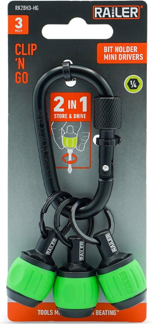 Bit Holder Key Chain Screwdrivers - Railer Heavy Duty 1/4" Hex Soft Ball Grip Bit Holders & Secure Keychain Carabiner. HVAC Tools w/Quick Release For Nut Drivers, Impact Driver & Drill Bits