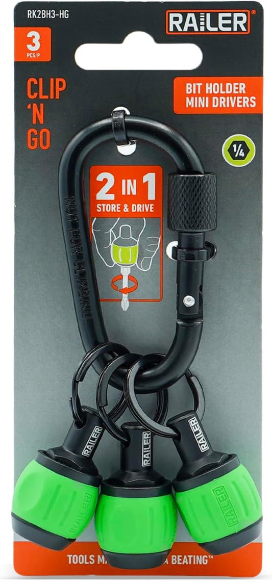 Bit Holder Key Chain Screwdrivers - Railer Heavy Duty 1/4" Hex Soft Ball Grip Bit Holders & Secure Keychain Carabiner. HVAC Tools w/Quick Release For Nut Drivers, Impact Driver & Drill Bits