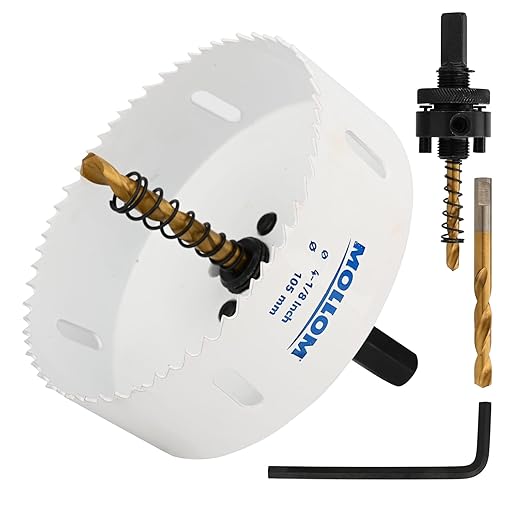Mollom (105mm | 4-1/8") HSS M42 with 8% Cobalt BI-Metal Hole Saw with 2 Pilot Drill Bits & Arbor Smooth Cutting for PVC,Drywall,Wood,Plastic,Gypsum Board,Rubber
