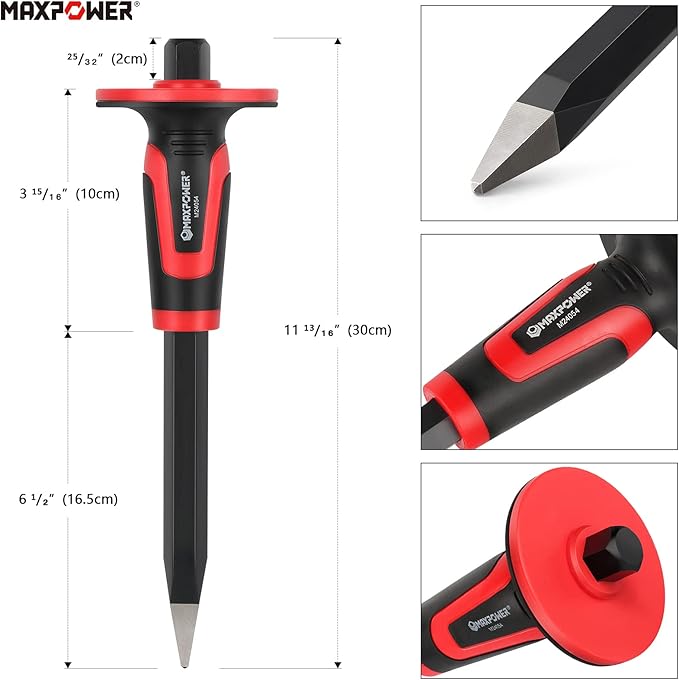 MAXPOWER 3-Piece Masonry Chisels Set, 11" Point Chisel and Flat Chisels, 8" Brick Chisel, with Thick Hand Guard