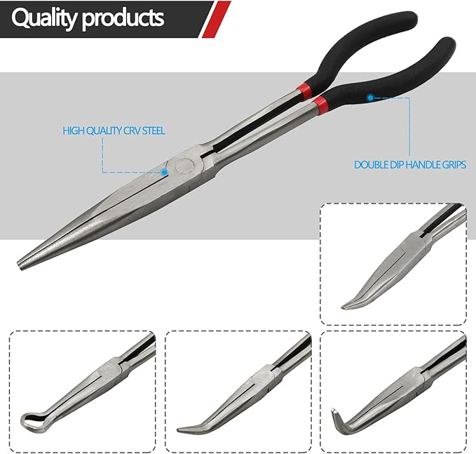 5 Pack 11" Precision Long Nose Pliers Set with Insulated Comfort Grip Handles,Straight Long Needle Nose Pliers, 25/45/90째 Curved & Circle for Wire Shaping/Trimming