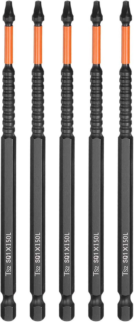 HARFINGTON 5pcs Square Head Screwdriver Bits 1/4" Hex Shank SQ1 Magnetic Head 6" Length S2 Steel Screw Driver Drill Bit for Repair Work Electric Screw Driver