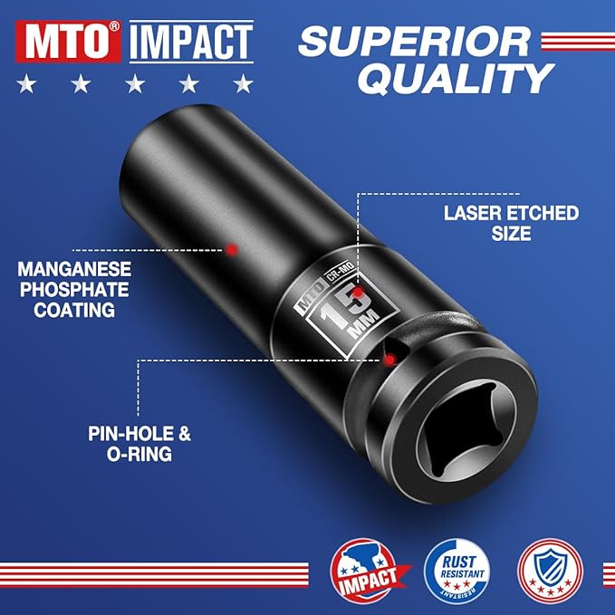 MTO 1/2" Drive 15mm Deep Impact Socket, 6 Pt. Metric Socket, CR-MO Steel & Anti-Corrosion Coating for Heavy-Duty Use