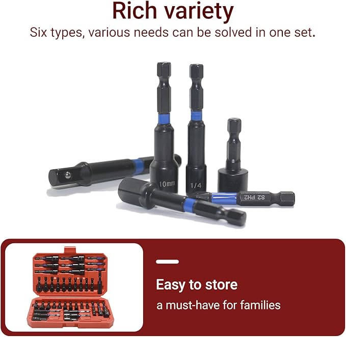 39-Piece Magnetic Nut Driver Set, Includes Metric & SAE Impact Driver Bit Set, Bit Extension & Drill Bit Adapter | 1/4" Hex Shank | Cr-V Steel, Screwdriver Bits, Bit Holder, Slotting Tool Box