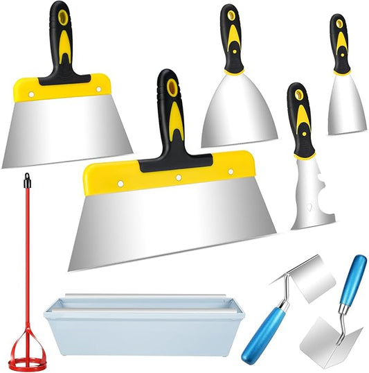 Lasnten 9 Pcs Drywall Knife and Drywall Corner Tool Set Includes Paint Scraper Knives Inside Outside Stainless Steel Corner Trowel, 16" Mud Pan Mixer with Soft Grip Handle for Wallpaper