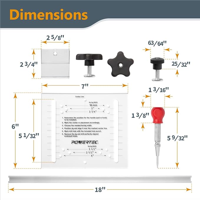 POWERTEC Cabinet Hardware Jig w/Center Punch, T Track & Stop Block, Drawer Jig for Installing Pulls, Knobs, Handle on Cabinet & Drawer, Woodworking Tools for Cabinet Handles Installation (71376)