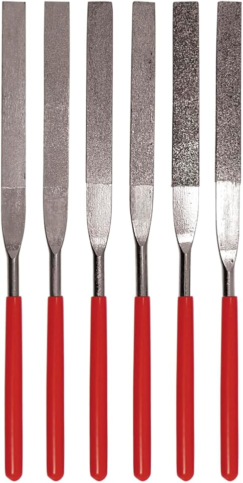 SE 74330DF 6-Piece Flat Diamond Grit File Set - Multi-Grit for Metals, Glass, Stones - 7" Length, 2" Diamond Surface, Round Handles - Includes PVC Pouch