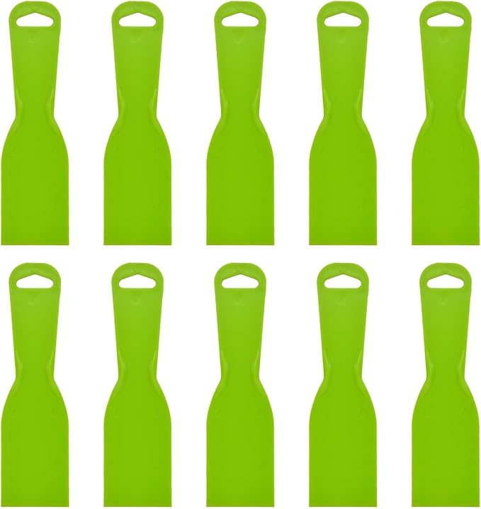 10 reusable plastic putty knives are flexible paint scraper tools used for decals, wallpapers, baking, wall and car putty, splashing, repairing, and painting(green)