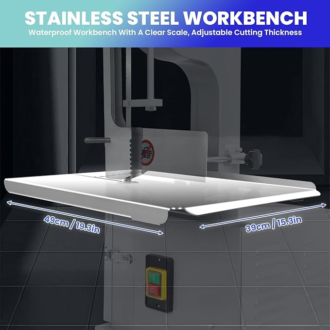 Commercial Electric Meat Bandsaw, 1500W Bone Meat Cutter Machine, Stainless Steel Workbench 19" x 14", 0.04-7.8 In Cutting Thickness, Frozen Meat Cutter with 8 Blades for Rib Pork Beef