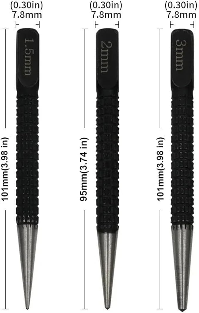 Maxmoral 3PCS 4 Inch Length Black High Carbon Steel Center Punch Set Mechanical Maintenance Installation Positioning Drilling Utensil for Alloy Steel Metal Wood Marking Drilling