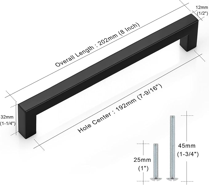 Probrico 30 Pack Black Square Bar Cabinet Pulls Drawer Dresser Handles Stainless Steel Modern Hardware for Kitchen Bathroom Cabinets Cupboard, Hole Center 7-9/16 inch Desk Wardrobe Door Pulls
