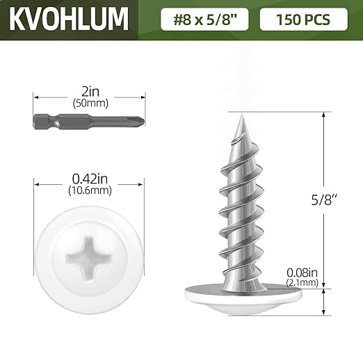 #8 x 5/8" (150 PCS) Modified Truss Head Wood Screws, Phillips Drive Quick Metal Self Tapping Screws, White Head, Full Thread, Screwdriver Bit Included