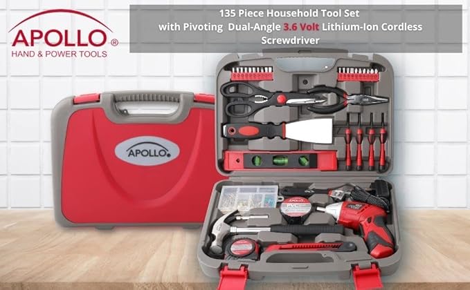 Apollo Tools 135 Piece Household Tool Set with Pivoting Dual-Angle 3.6 Volt Lithium-Ion Cordless Screwdriver ??Includes Most-Needed Tool Selection and Hanging Assortment- Red - DT0773