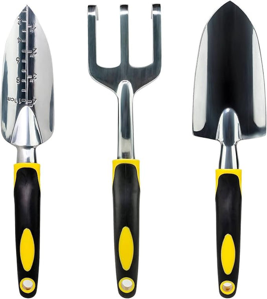 Gardenera 3PC Garden Tool Set with Soft Rubberized Non-Slip Handles - Hand Trowel, Transplant Trowel, Hand Rake in Polished Aluminum - Ideal for All Gardening Needs and The for Gardeners