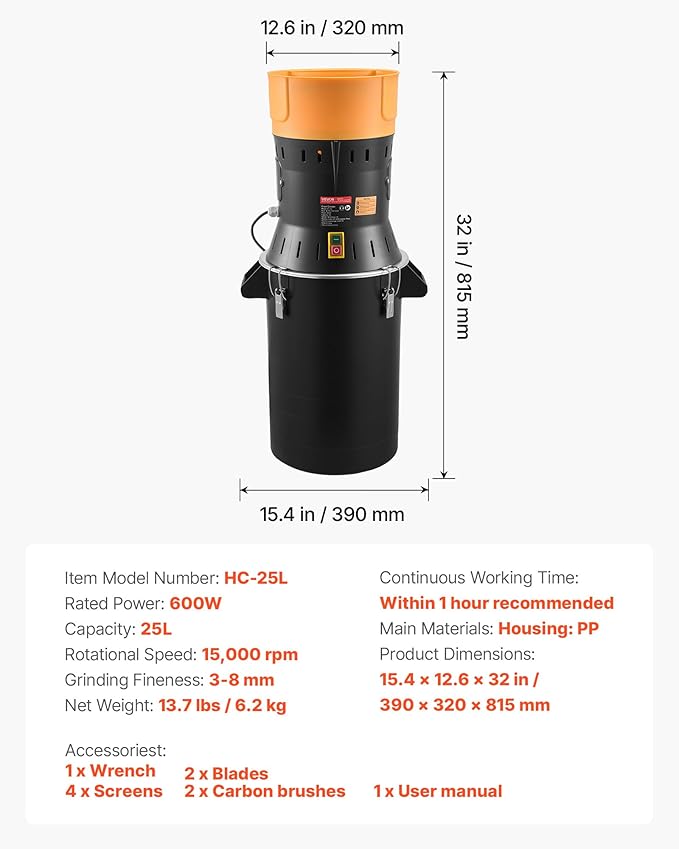 VEVOR Electric Grain Mill Grinder, 600W High Power Commercial Spice Grinder, 25L Pulverizer Powder Machine with Galvanized Sharp Blades, for Dry Grains, Spices, Cereals, Coffee, Corn & Pepper