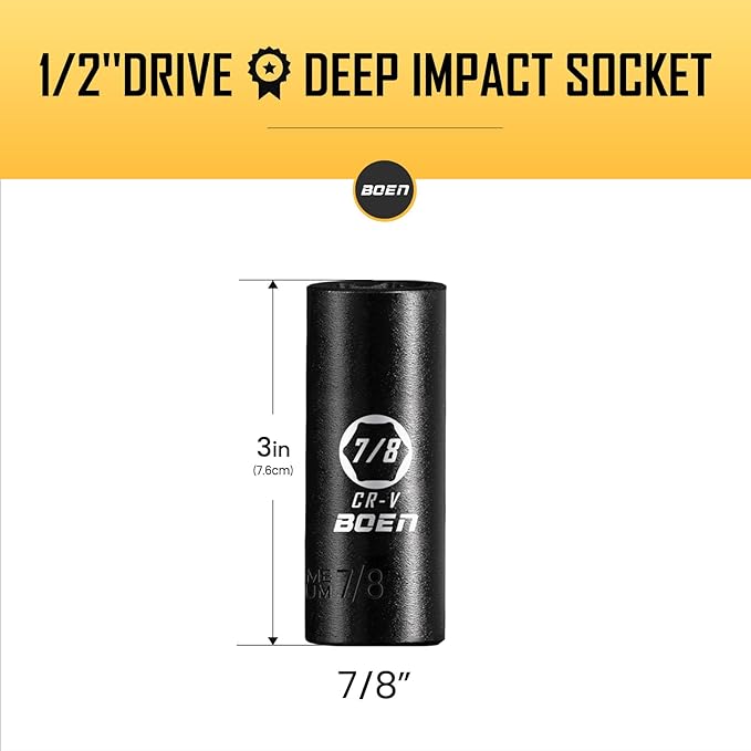 BOEN 1/2" Drive Deep Impact Socket,7/8 Inch Premium Socket,SAE,6 Point,Cr-V Steel with Laser Marking - Strong and Durable
