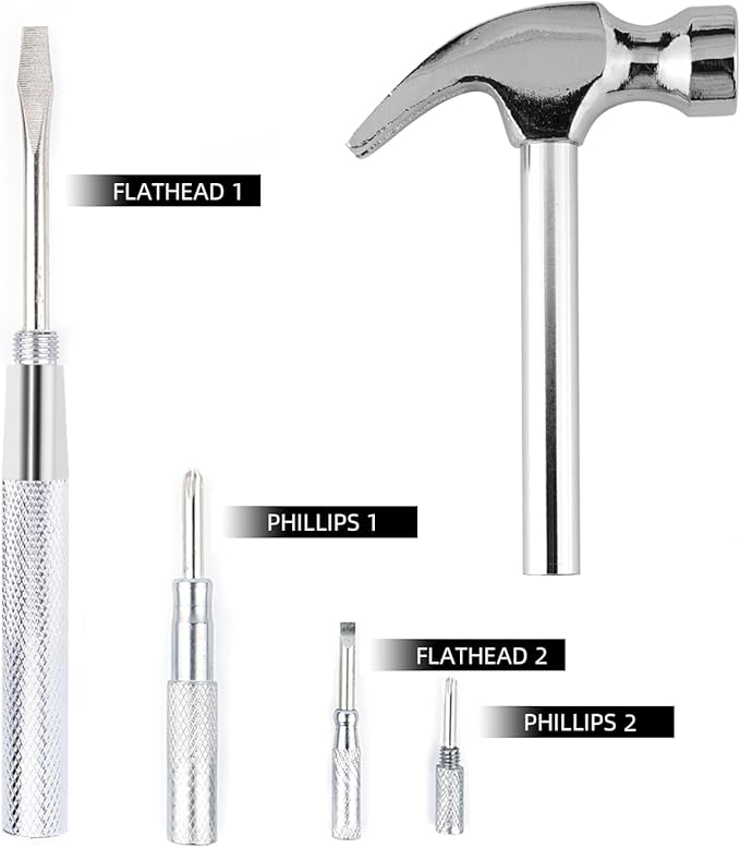 6-in-1 mini multifunctional metal hammer and screwdriver hand tool for opening walnuts, including cross and flat screwdrivers, home repair tools, and camping hammer set (Silver)