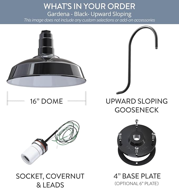 Steel Lighting Co. | Dusk to Dawn | Gardena Barn Light | Outdoor Wall Mounted | 16" Dome | Upslope Gooseneck | Farmhouse Light Made in America | Black Exterior/White Interior