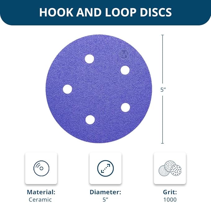 Benchmark Abrasives 5" Premium Ceramic 5 Holes Film Backed Hook and Loop Discs For Sanding of Metals Non-Ferrous Metals Wood Plastic Fiberglass (Pack of 50) - 1000 Grit