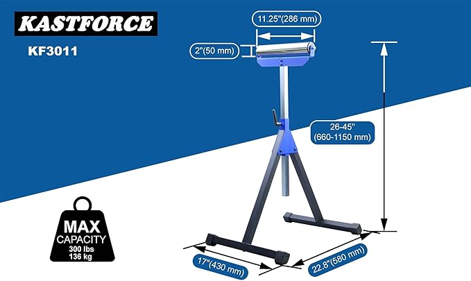 Heavy-Duty Roller Stand with 2 Inch Roller 300 Lbs 136 kg Capacity, Adjustable Miter Saw Extension, Folds Flat for Easy Storage, Galvanized 2 Inch 50mm Stainless Steel Roller KF3011