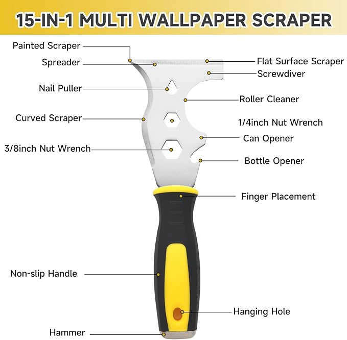 3Pcs Putty Knife, 2" 4" Spackle Knife Set Stainless Steel 15-in-1 Painters Scraper Wallpaper Scraper Tool for Repairing Drywall, Removing Wallpaper, Applying Putty, Plaster, Cement, Adhesive