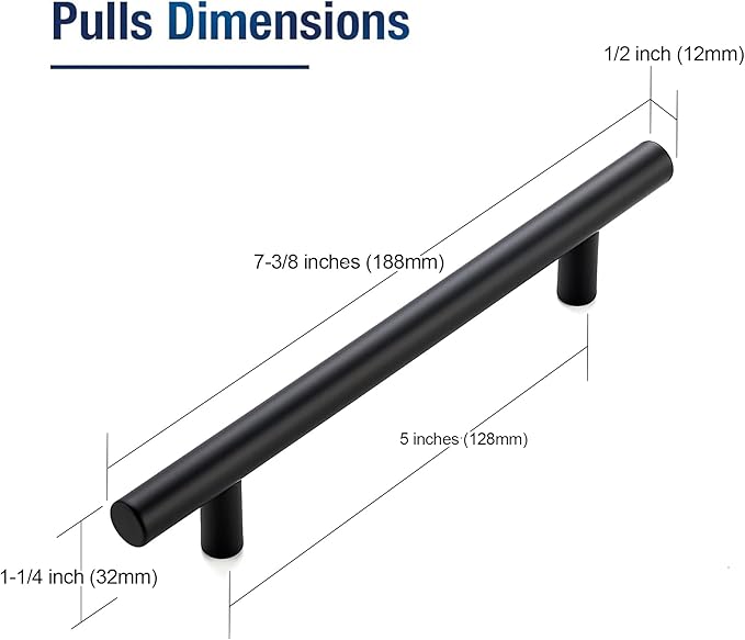 JOY DECOR 30 Pack 7-3/8 Inch Cabinet Pulls Kitchen Cabinet Handles with 5 Inch Hole Center Matte Black Cabinet Hardware Stainless Steel Kitchen Drawer Pulls for Cabinets Cupboard, 128mm Hole Centers