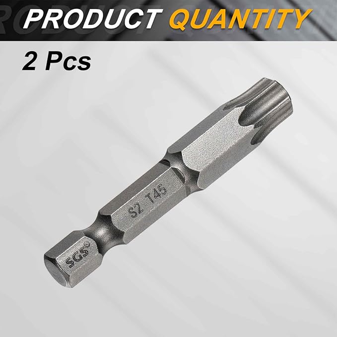 HARFINGTON 2pcs T45 Torx Head Screwdriver Bit 1/4" Hex Shank 2" (50mm) Long Magnetic No Hole Tip Tamper Proof 6 Point Star Screw Driver Drill Bits S2 Steel Industrial Power Screwdrivers