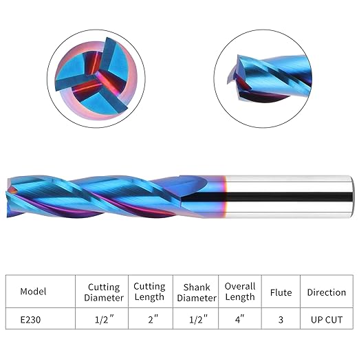Upcut Spiral Router Bit 3-Flute with 1/2??Shank, Extra Long (4 inch), 1/2??Cutting Diameter, 2??Cutting Length, Carbide CNC Router Bits nACo Coated End Mill for Wood Mortises Carving Engraving