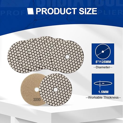 SHDIATOOL 5 Inch Dry Diamond Polishing Pads Grit 3000 for Granite Marble Quartz(7-Pack)