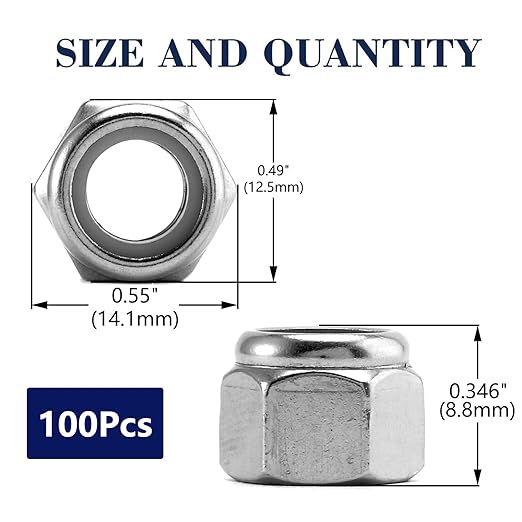 5/16-18 Nylon Insert Hex Lock Nuts 100Pcs 304 Stainless Steel Locknuts, Hex Drive, Bright Finish, by SG TZH
