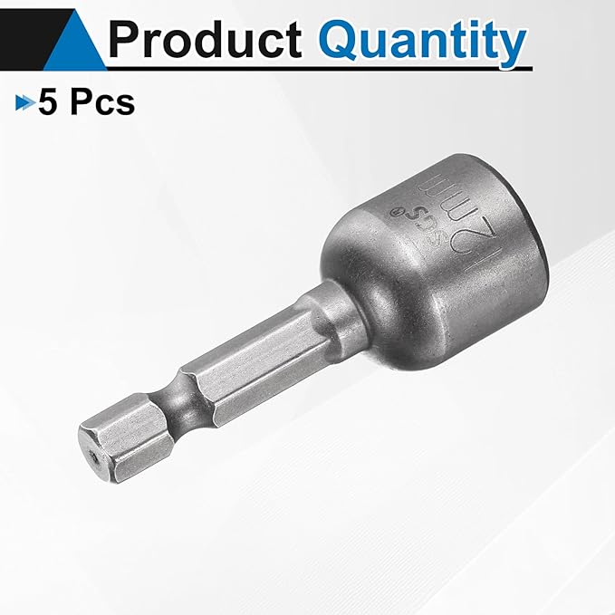 HARFINGTON 5pcs Nut Driver Drill Bit 12mm Metric Socket 1/4" Hex Shank 1.89" (48mm) Long Magnetic 6-Point Sockets Quick Change CR-V Steel Bolt Setters for Power Drill Drivers