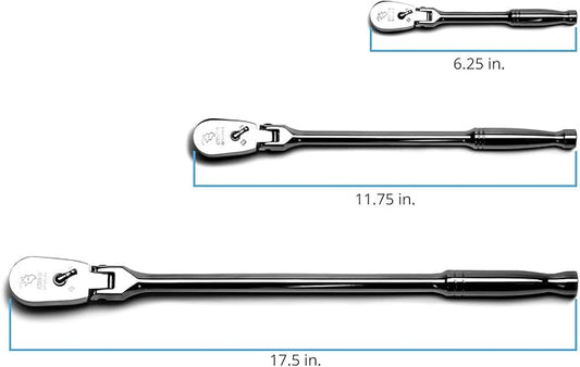 Capri Tools Ratchets, True 72-Tooth, 5-Degree Swing Arc (3-Piece Set/Flex-Head Low Profile), (Model: CP12000FX)