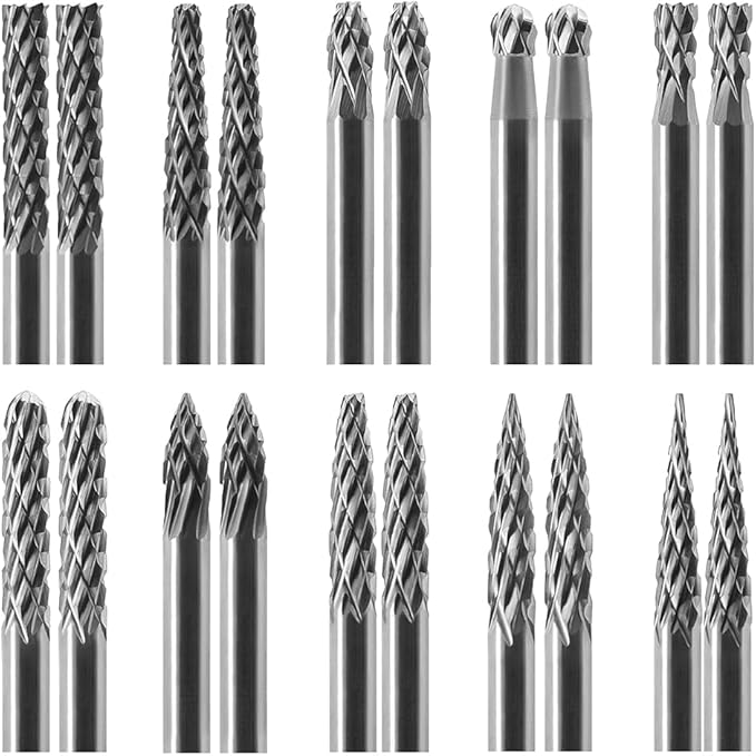 Tungsten Carbide Burr Set 1/8 (3 mm) Shank, Die Grinder Bits, 20 PC Cutting Burr Bits, Carving Bits for Dremel, Double Cut Rotary Burr Set for Metall Carving, Engraving, Drilling, Polishing
