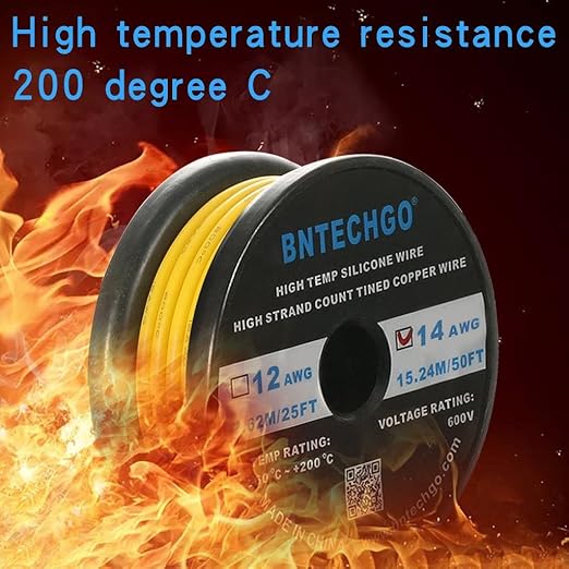 BNTECHGO 14 Gauge Silicone Wire Spool 50 ft Yellow Flexible 14 AWG Stranded Tinned Copper Wire