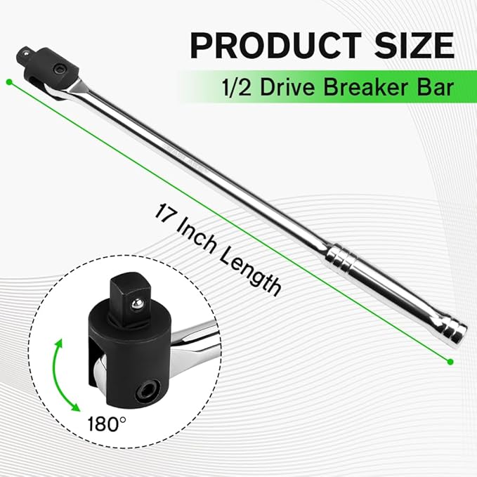 SWANLAKE 1/2 Breaker Bar, 17.5" Length with 180째 Rotatable Head, 1/2 inch Drive,CR-V Steel