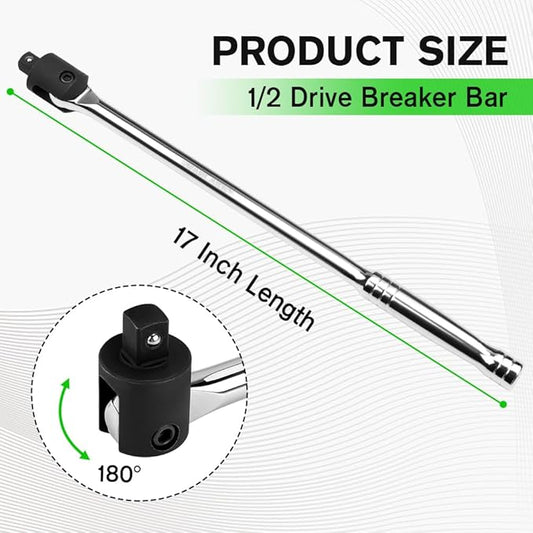 SWANLAKE 1/2 Breaker Bar, 17.5" Length with 180째 Rotatable Head, 1/2 inch Drive,CR-V Steel