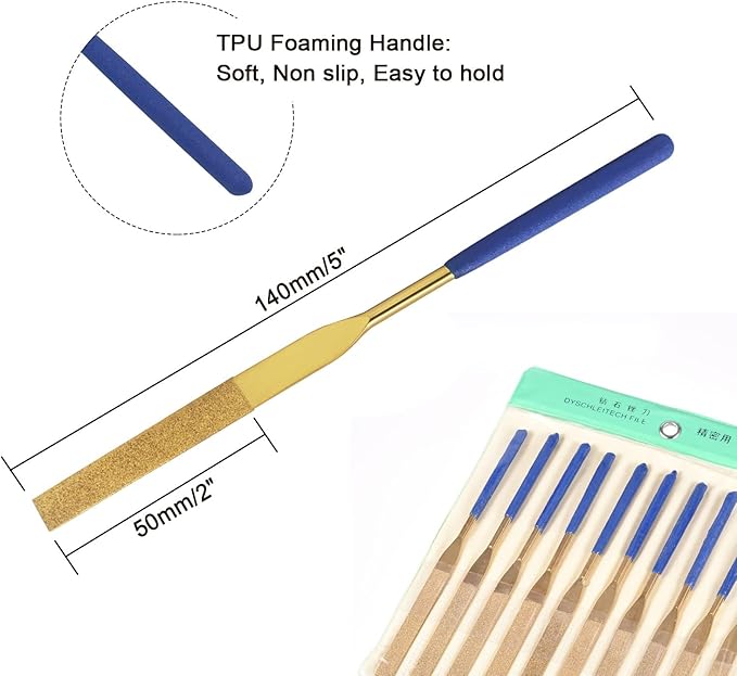 10 PCS Diamond Needle File (3×140mm) 150 Grit Titanium Coated Mini Metal Files Flat Files for Precision Metal File Work Miniature DIY Jewelers/Glass/Ceramic