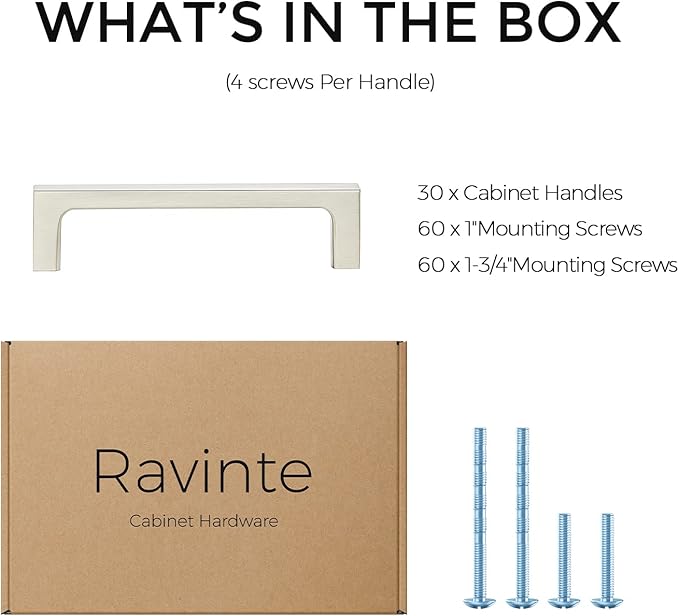 Ravinte 30 Pack Solid 3-3/4 Inch Kitchen Square Cabinet Handles Brushed Nickel Pulls Drawer Pulls Cabinet Hardware Kitchen Handles