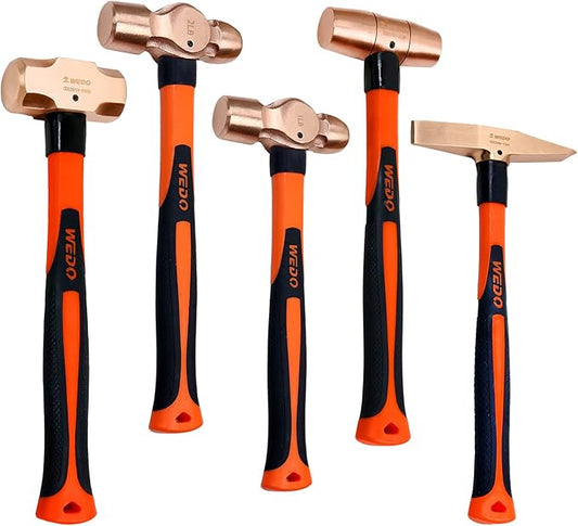 WEDO Copper Hammer Set 5PCS Sledge Hammer (3lb) Drum Type Hammer (1-1/2lb) Ball Peen Hammer (1lb&2lb) Scaling Hammer (300g), Long Straight Fiberglass Handle, Copper Head