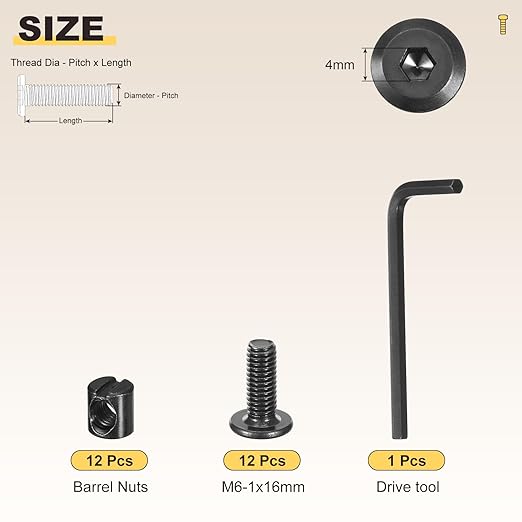 METALLIXITY Furniture Crib Screws Replacement Set with Wrench(M6-1x16mm) 12Pcs, Galvanization Connector Bolt M6 Screw Barrel Nuts Binding Screws, for Chair Cabinet Bed, Black
