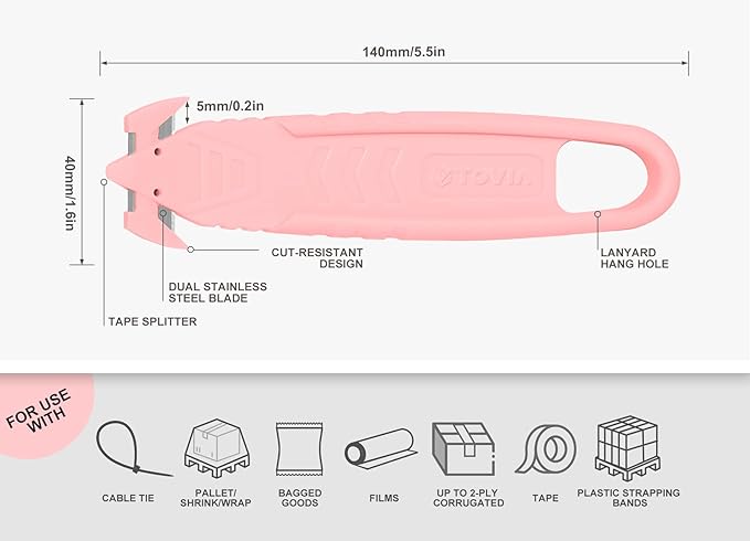 Safety Box Cutter, T TOVIA Sharp Durable Stainless Steel Concealed Blade Package Opener with Tape Splitter for Cartons, Cardboard, Wrap, Straps, Film (10 Pcs - Pink)