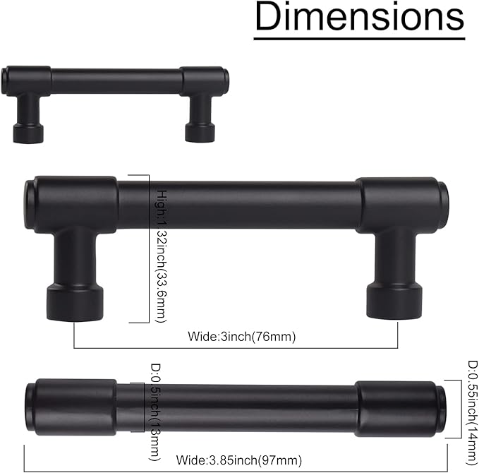 khtumeware Matte Black Cabinet Pulls - Center to Center 3" (Approx. 76MM) - Pack of 10 - Kitchen Handles for Cabinets Cupboard Handles Drawer Pulls