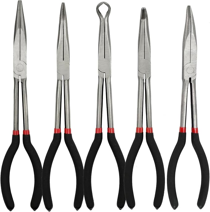 5 Pack 11" Precision Long Nose Pliers Set with Insulated Comfort Grip Handles,Straight Long Needle Nose Pliers, 25/45/90째 Curved & Circle for Wire Shaping/Trimming