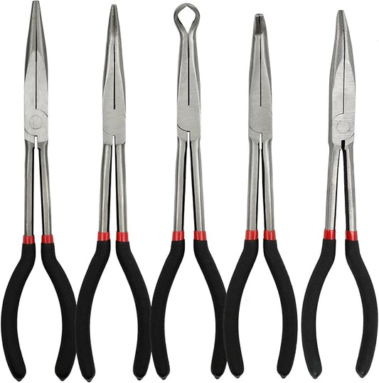 5 Pack 11" Precision Long Nose Pliers Set with Insulated Comfort Grip Handles,Straight Long Needle Nose Pliers, 25/45/90째 Curved & Circle for Wire Shaping/Trimming
